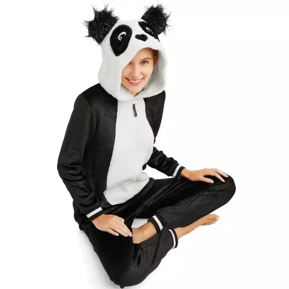 Womens Panda Bear Union Suit One Piece Plush Hooded Costume Pajamas Size XS